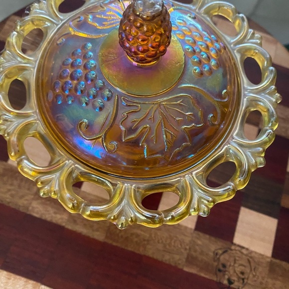 Vintage Indiana Carnival Autumn Harvest Amber Iridescent Glass Dish With Cover - Picture 5 of 10